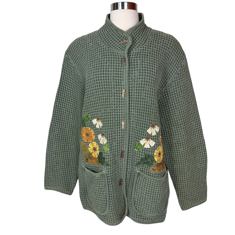 Focus Green Cotton Metallic Floral Patchwork Stiched Waffleknit Button Down Top